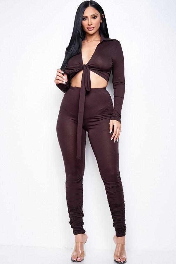 Solid Heavy Rayon Spandex Collared Tie Front Top And Ruched Pants Two Piece Set | Mixtshop LLC Main image