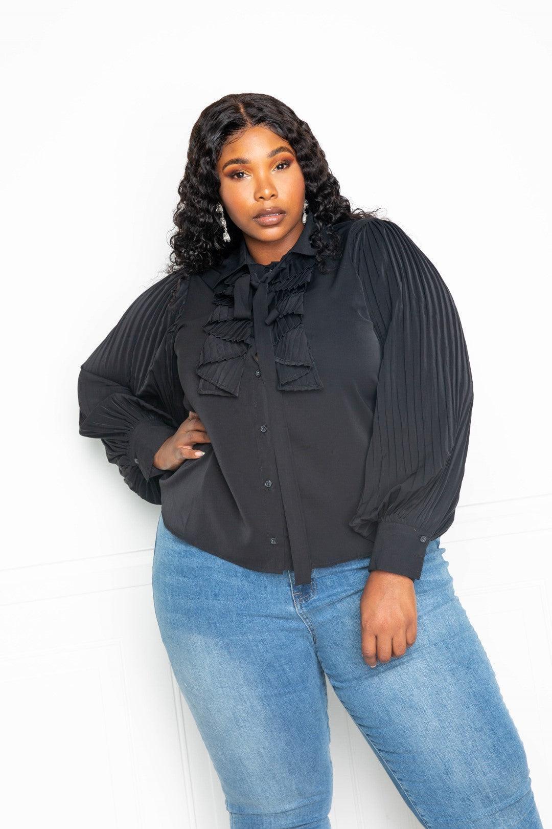 Pleated Sleeve Blouse With Waterfall Frill And Bow | Mixtshop LLC