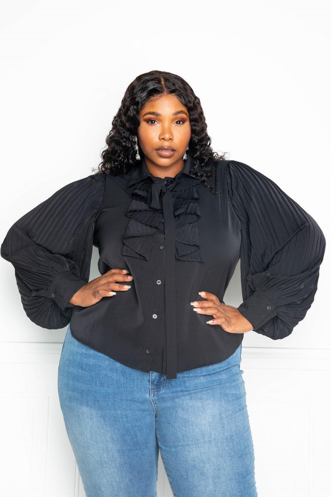 Pleated Sleeve Blouse With Waterfall Frill And Bow | Mixtshop LLC