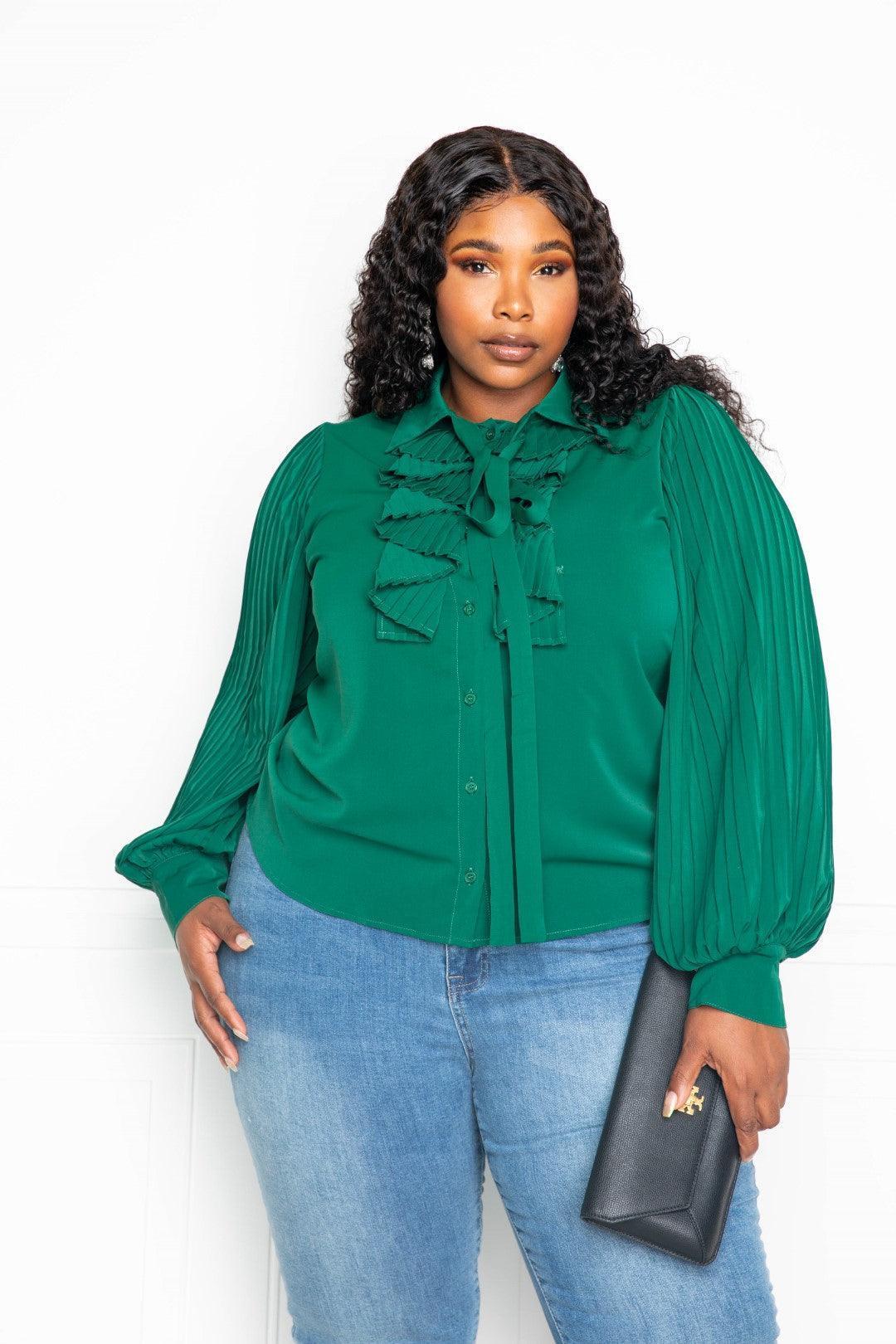 Pleated Sleeve Blouse With Waterfall Frill And Bow | Mixtshop LLC Main image