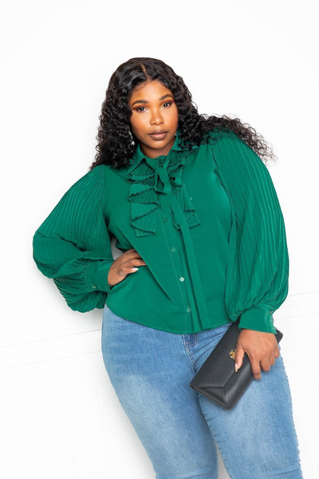 Pleated Sleeve Blouse With Waterfall Frill And Bow Secondary image