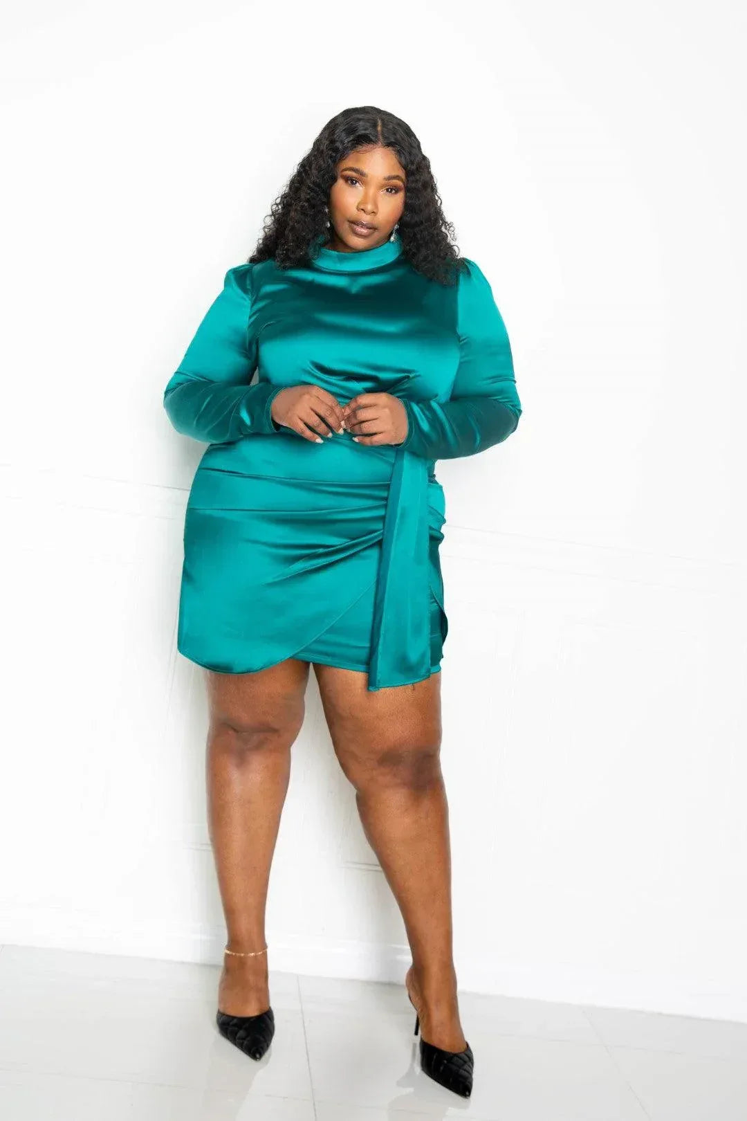Satin Mock Neck Rouched Mini Dress | Mixtshop LLC Main image