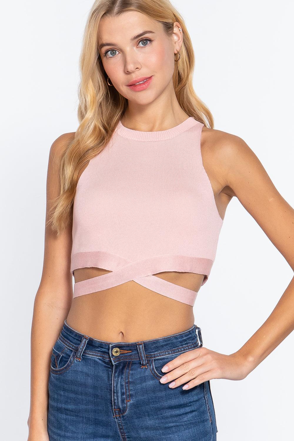 Sleeveless Crew Neck Waist Tie Crop Sweater Top | Mixtshop LLC