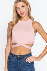 Sleeveless Crew Neck Waist Tie Crop Sweater Top | Mixtshop LLC