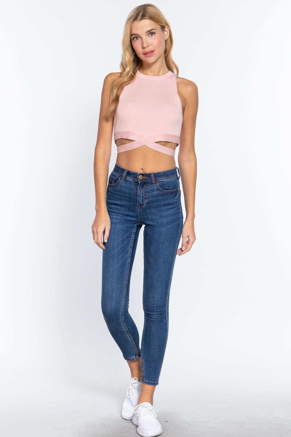 Sleeveless Crew Neck Waist Tie Crop Sweater Top | Mixtshop LLC
