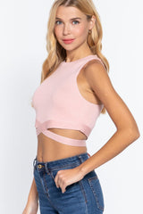 Sleeveless Crew Neck Waist Tie Crop Sweater Top | Mixtshop LLC