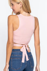 Sleeveless Crew Neck Waist Tie Crop Sweater Top | Mixtshop LLC