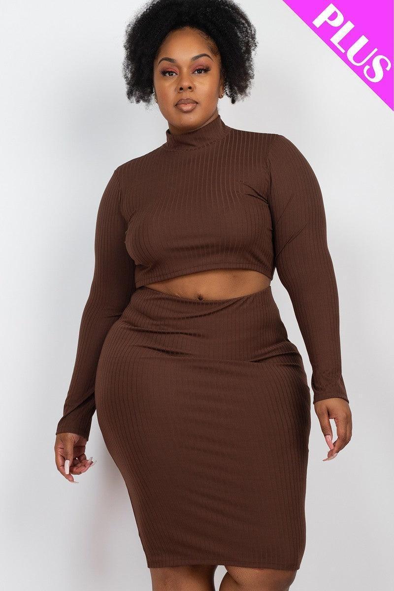Plus Size Ribbed Mock Neck Crop Top & Midi Skirt Set | Mixtshop LLC Main image
