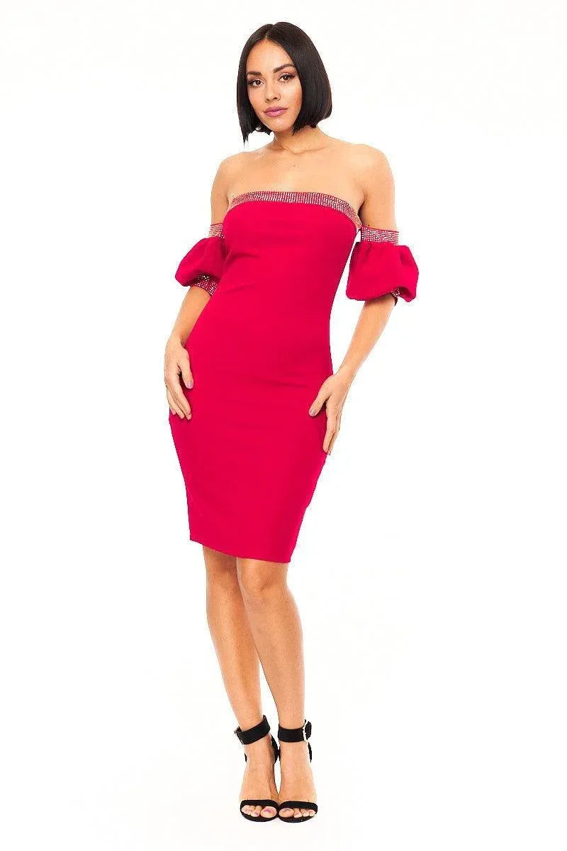 Off shoulder studded band detailed fashion dress | Mixtshop LLC Main image
