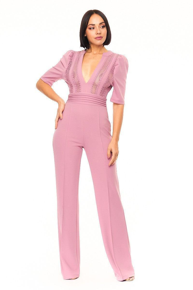 Deep V-neck Crochet Bodice Jumpsuit | Mixtshop LLC Main image