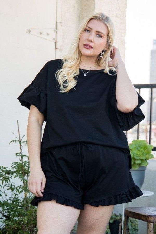Round Neck Ruffle Sleeve Side Slit French Terry Top | Mixtshop LLC Main image