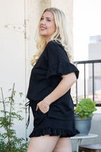Round Neck Ruffle Sleeve Side Slit French Terry Top | Mixtshop LLC
