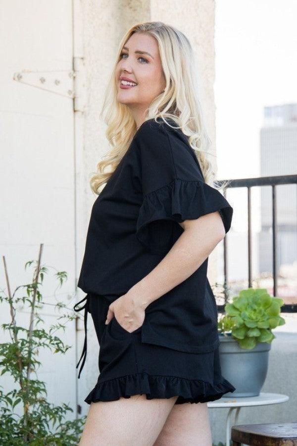 Round Neck Ruffle Sleeve Side Slit French Terry Top | Mixtshop LLC