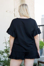 Round Neck Ruffle Sleeve Side Slit French Terry Top | Mixtshop LLC