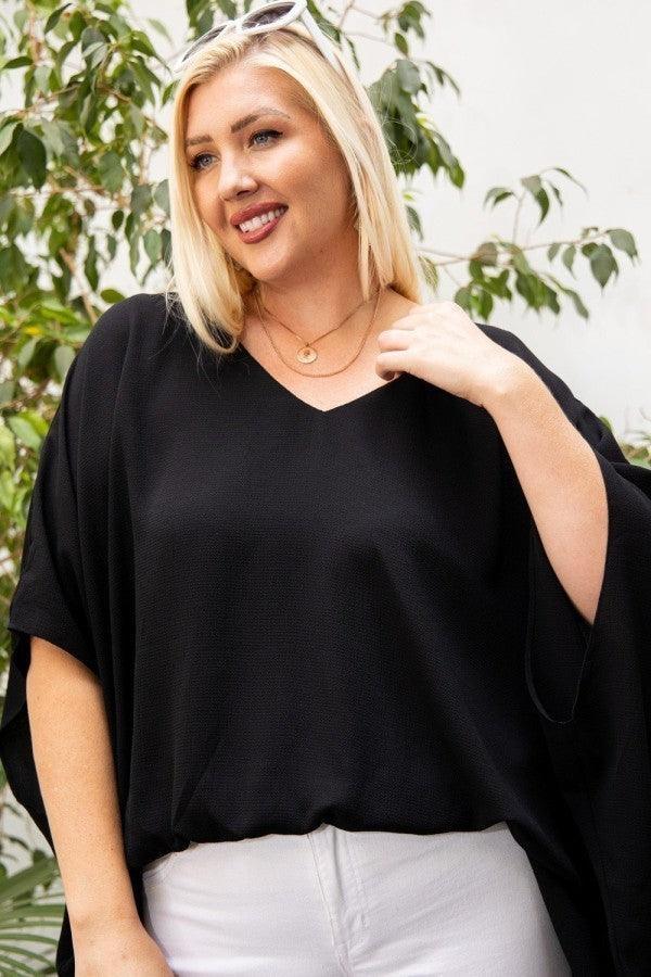 V Neck Dolman Sleeves Front Waist Elastic Solid Top | Mixtshop LLC Main image