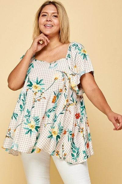 Plus Size Floral Check Printed Rayon Challis Square Neck Fashion Top | Mixtshop LLC Main image