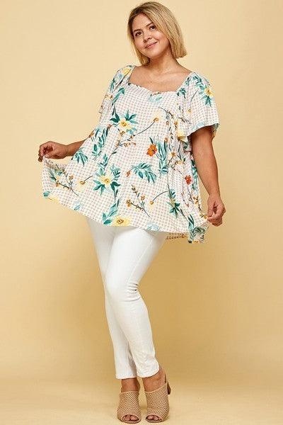 Plus Size Floral Check Printed Rayon Challis Square Neck Fashion Top | Mixtshop LLC
