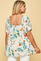 Plus Size Floral Check Printed Rayon Challis Square Neck Fashion Top | Mixtshop LLC