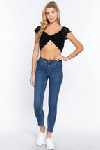 Short Sleeve V-neck Front Knot Detail Sweater Knit Crop Top | Mixtshop LLC
