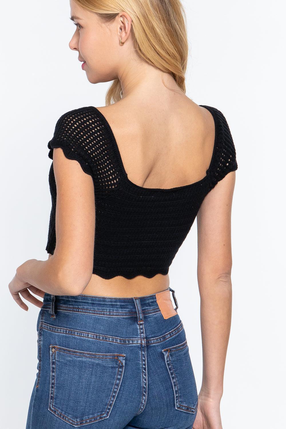 Short Sleeve V-neck Front Knot Detail Sweater Knit Crop Top | Mixtshop LLC