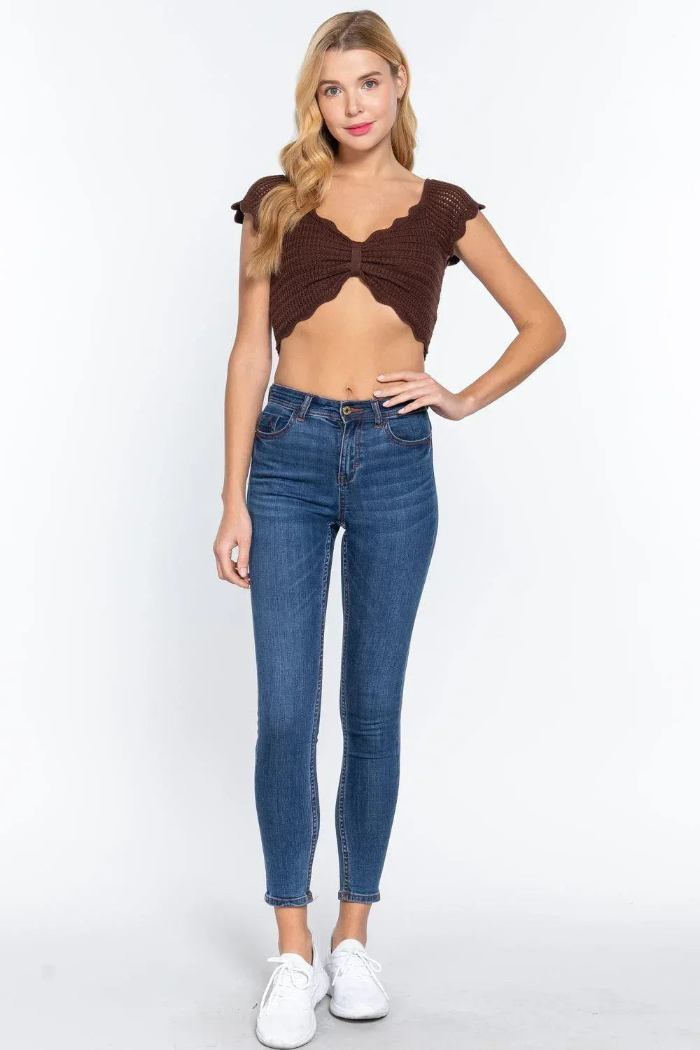 Short Sleeve V-neck Front Knot Detail Sweater Knit Crop Top Secondary image