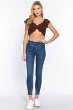 Short Sleeve V-neck Front Knot Detail Sweater Knit Crop Top | Mixtshop LLC