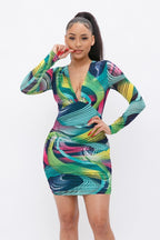 Long Sleeve Printed V-neck Dress | Mixtshop LLC