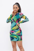 Long Sleeve Printed V-neck Dress | Mixtshop LLC