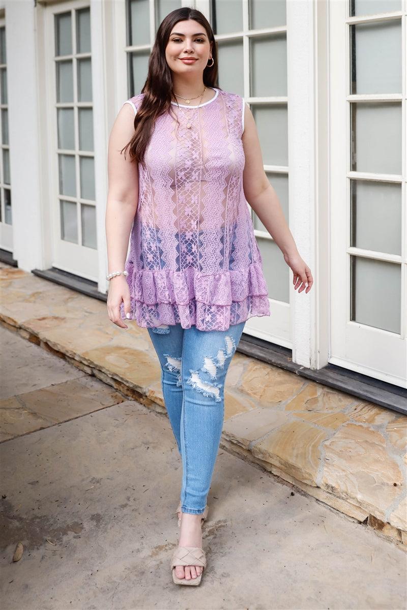 Plus Lace Sheer Ruffle Hem Sleeveless Maxi Top | Mixtshop LLC