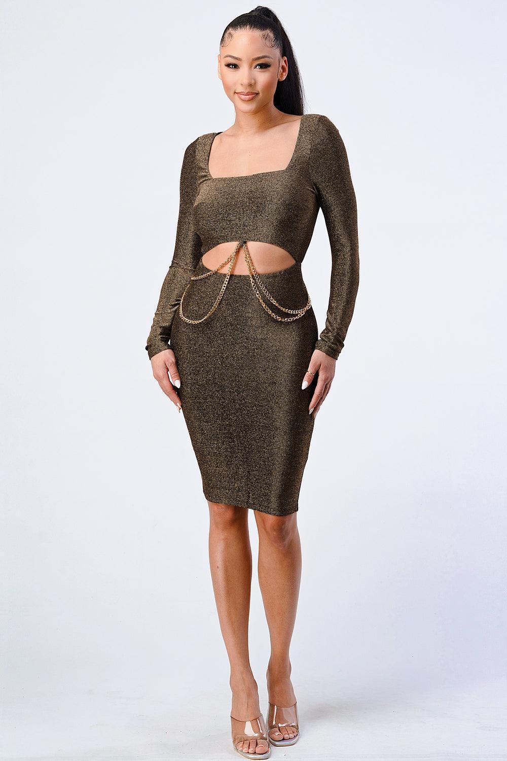 Luxe Waist Gold Chain Cut-out Detail Square Neck Glitter Bodycon Dress Secondary image