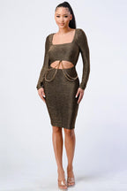 Luxe Waist Gold Chain Cut-out Detail Square Neck Glitter Bodycon Dress | Mixtshop LLC