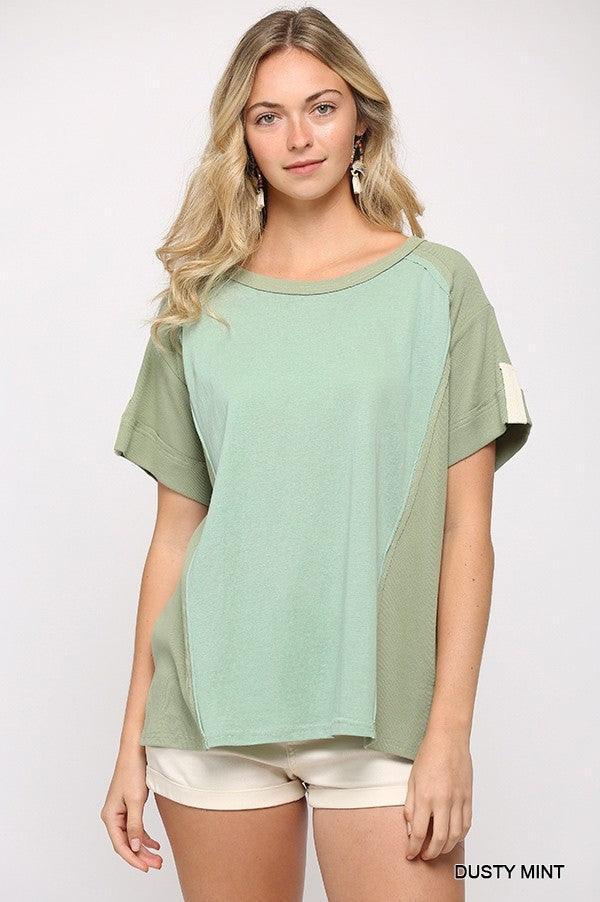 Ribbed And Solid Mixed Raw Edge Top | Mixtshop LLC Main image