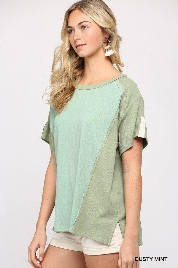 Ribbed And Solid Mixed Raw Edge Top | Mixtshop LLC
