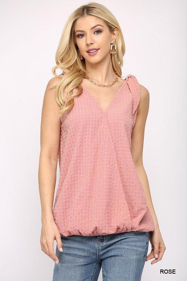 Solid Textured And Sleeveless Surplice Top With Shoulder Tie | Mixtshop LLC Main image