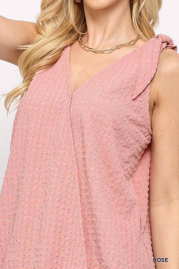 Solid Textured And Sleeveless Surplice Top With Shoulder Tie | Mixtshop LLC
