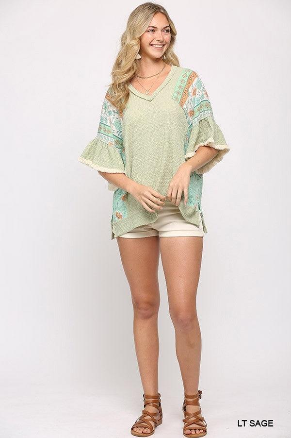 Texture Knit And Print Mixed Hi Low Hem Top | Mixtshop LLC