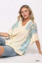 Texture Knit And Print Mixed Hi Low Hem Top | Mixtshop LLC