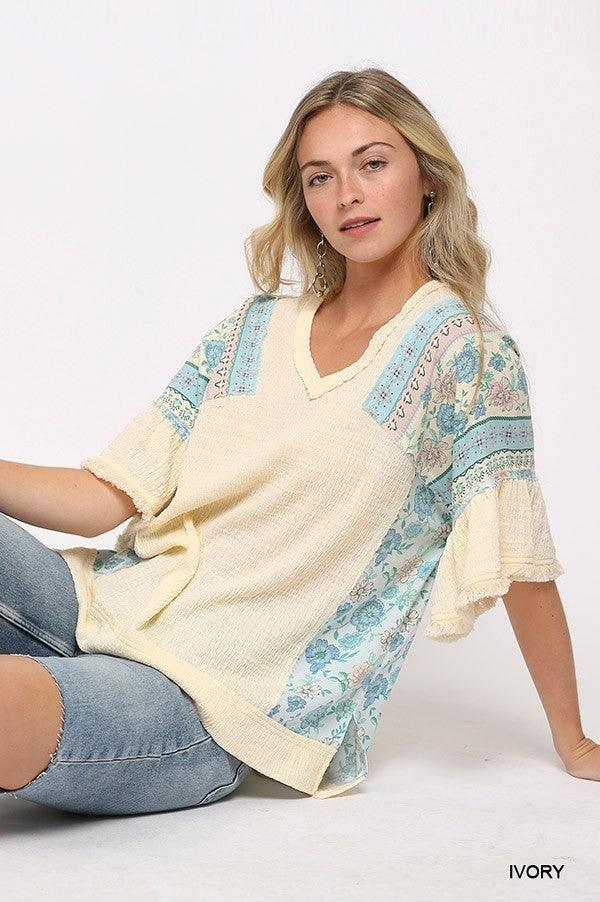Texture Knit And Print Mixed Hi Low Hem Top | Mixtshop LLC