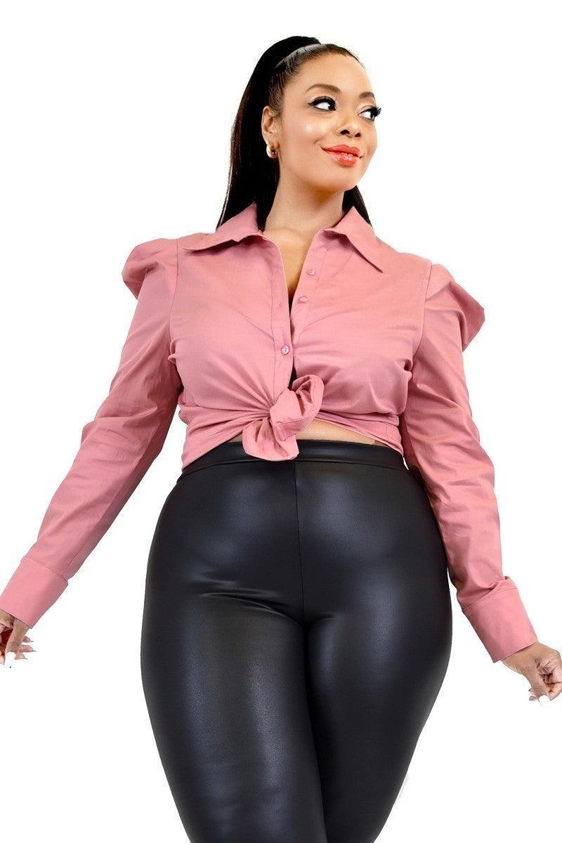 Plus Solid Poplin Puff Sleeve Shirt | Mixtshop LLC