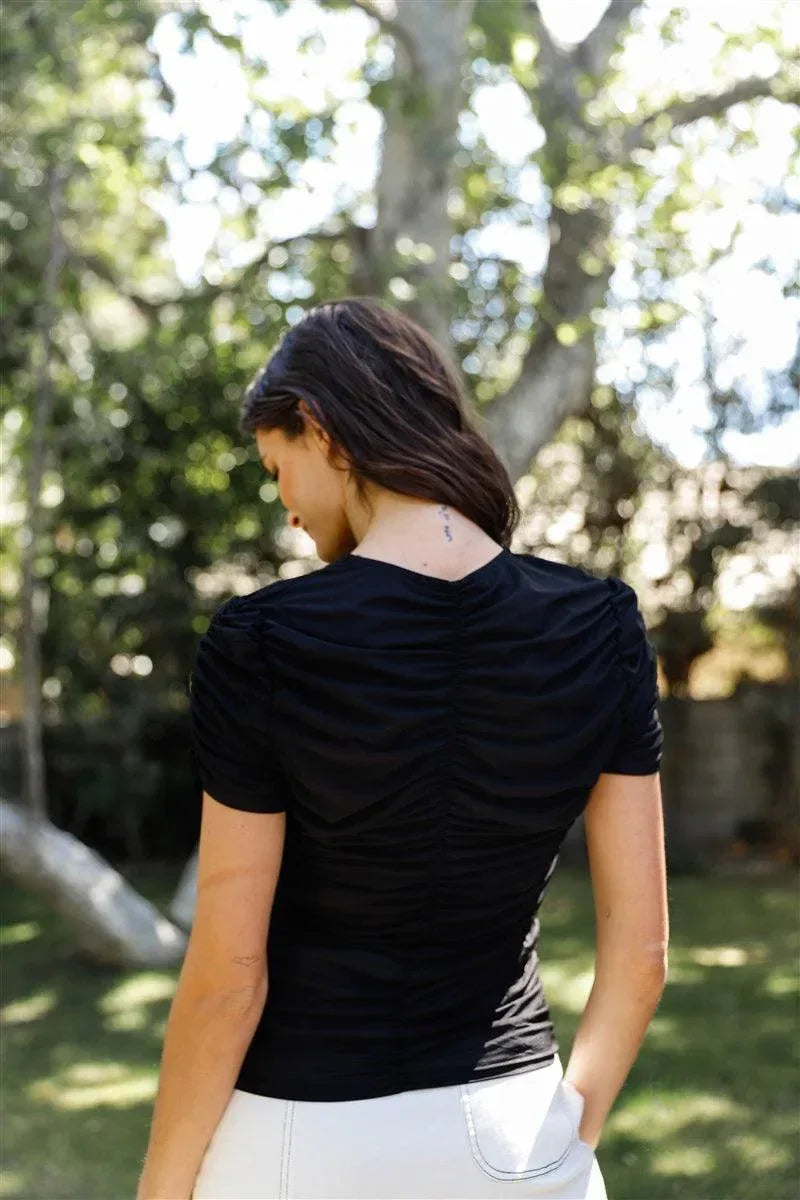 Mesh Ruched Cut-out Detail Short Sleeve Top | Mixtshop LLC