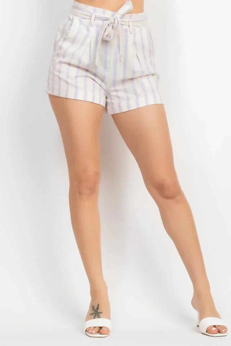 Tie-front Striped Crop Top & Belted Shorts Set | Mixtshop LLC