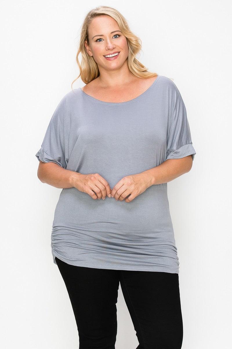 Short Sleeve Top Featuring A Round Neck And Ruched Sides | Mixtshop LLC