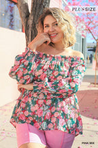 Sheer Floral Print Metallic Threading Long Sleeve Off Shoulder Top With High Low Hem | Mixtshop LLC