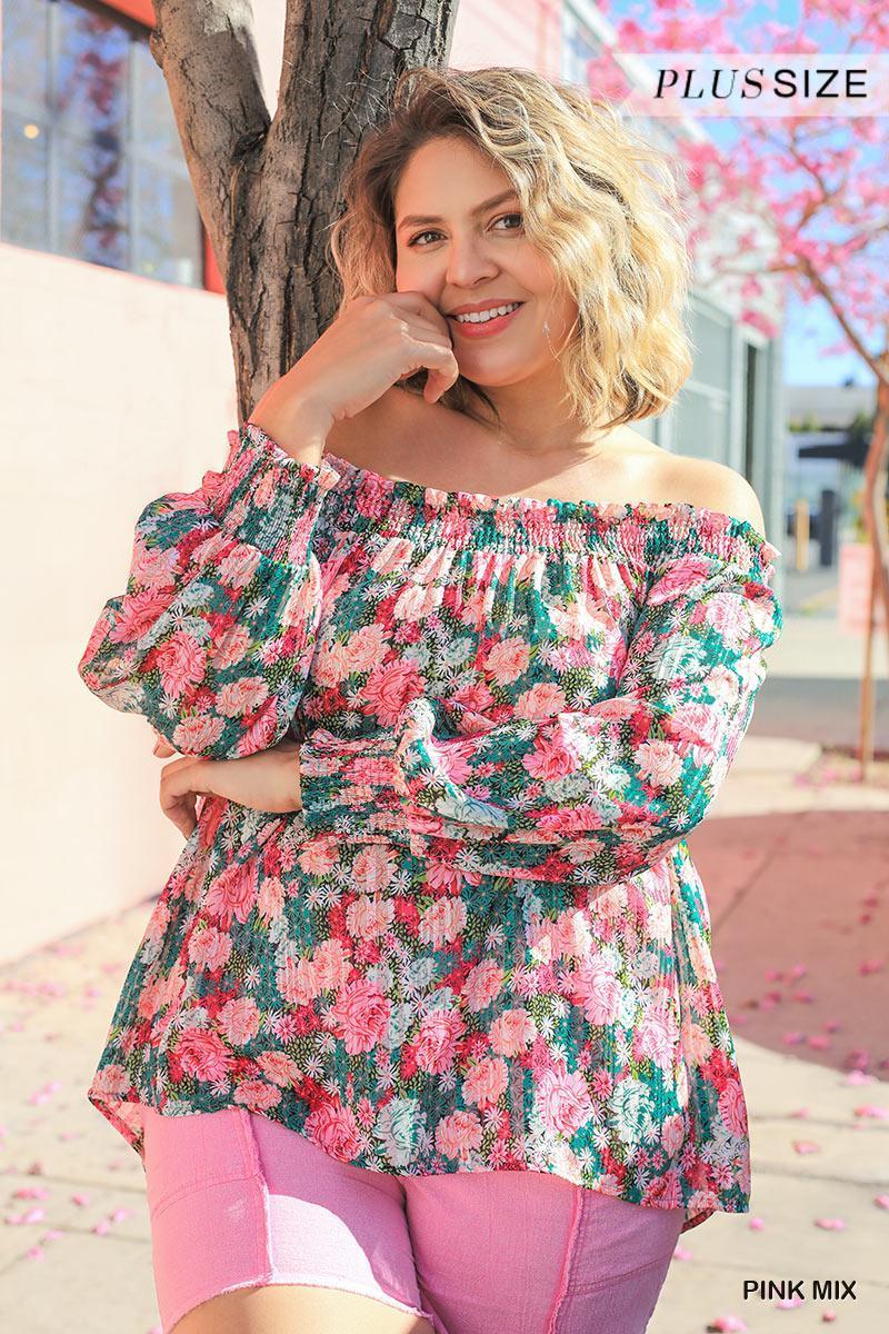 Sheer Floral Print Metallic Threading Long Sleeve Off Shoulder Top With High Low Hem | Mixtshop LLC
