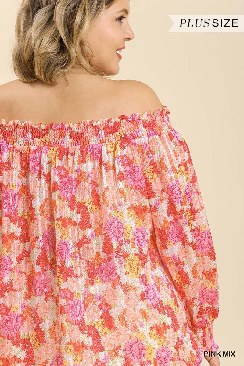 Sheer Floral Print Metallic Threading Long Sleeve Off Shoulder Top With High Low Hem | Mixtshop LLC