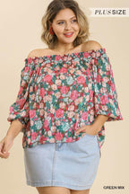 Sheer Floral Print Metallic Threading Long Sleeve Off Shoulder Top With High Low Hem | Mixtshop LLC