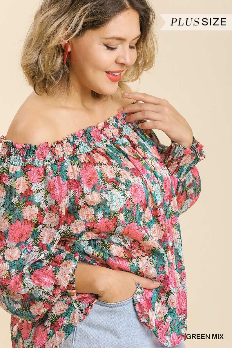 Sheer Floral Print Metallic Threading Long Sleeve Off Shoulder Top With High Low Hem | Mixtshop LLC
