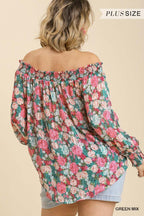 Sheer Floral Print Metallic Threading Long Sleeve Off Shoulder Top With High Low Hem | Mixtshop LLC