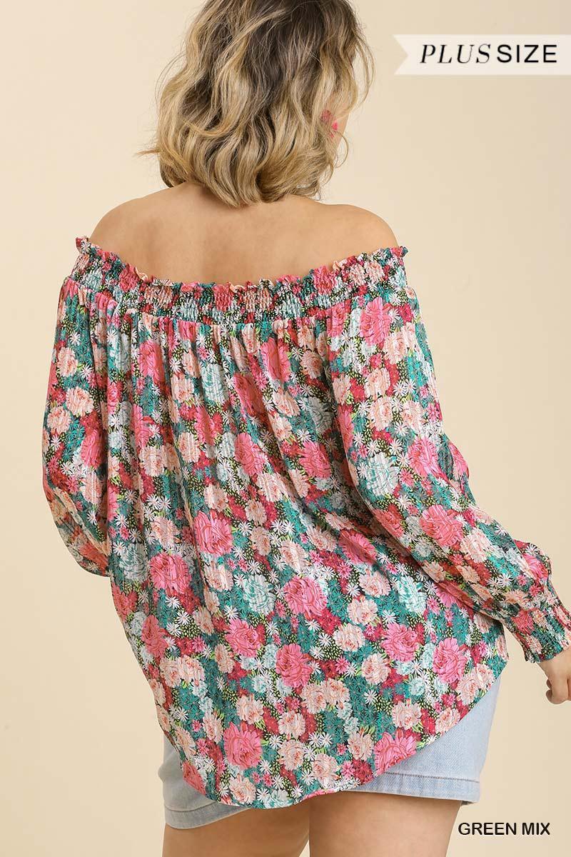 Sheer Floral Print Metallic Threading Long Sleeve Off Shoulder Top With High Low Hem | Mixtshop LLC