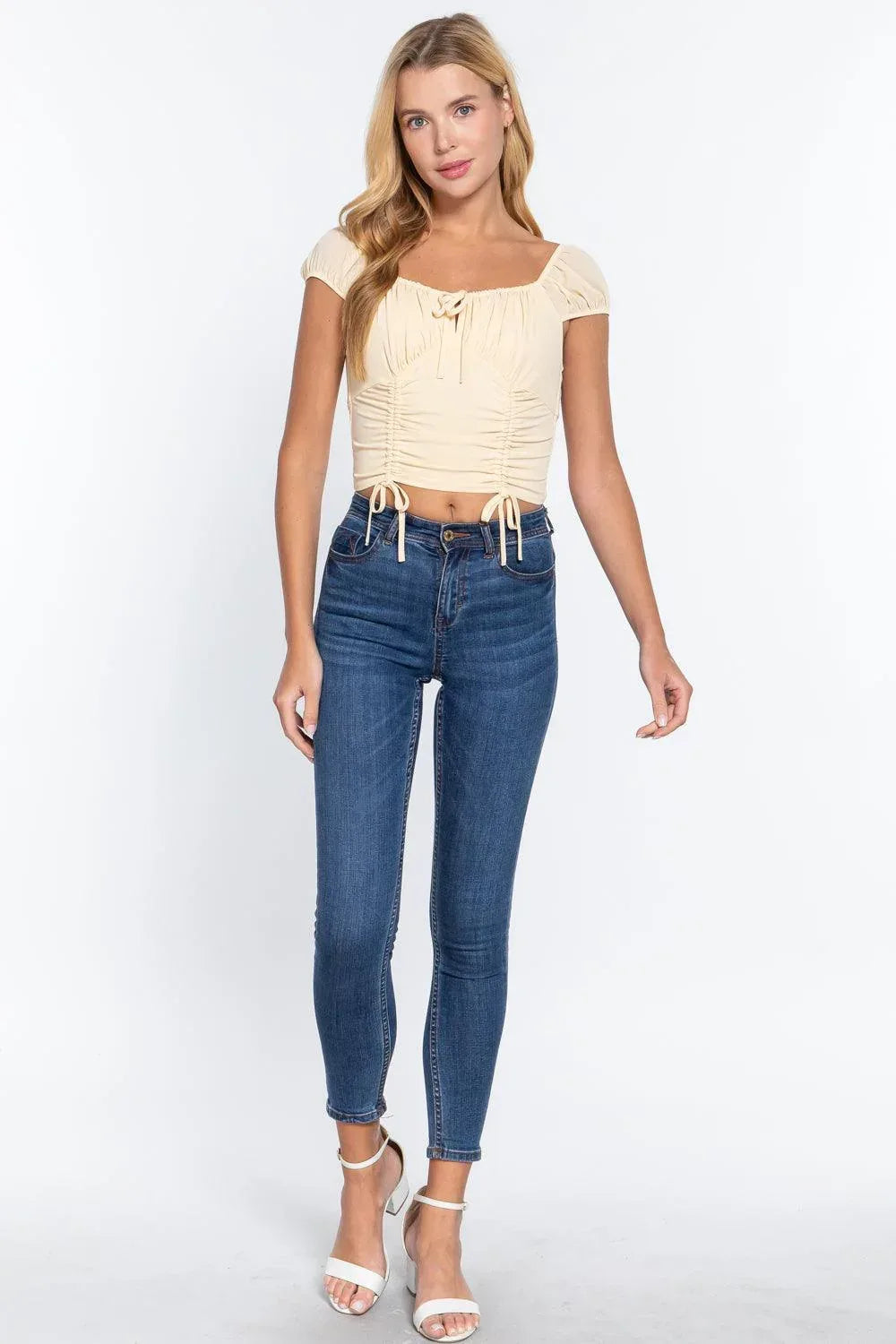 Short Sleeve Front Tie Ruched Detail Woven Top | Mixtshop LLC
